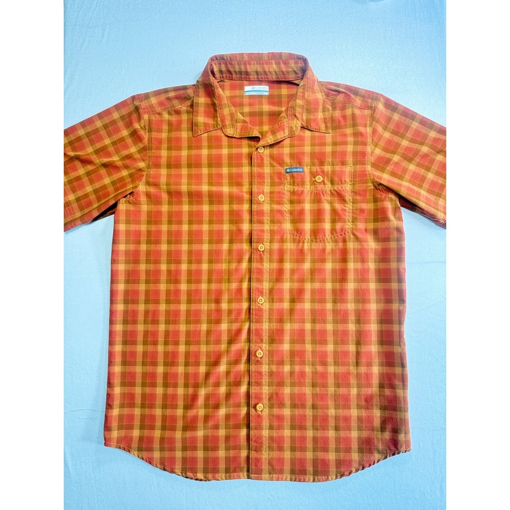Columbia Mens Medium Orange Plaid Short Sleeve Cotton Button Up Shirt Bonehead